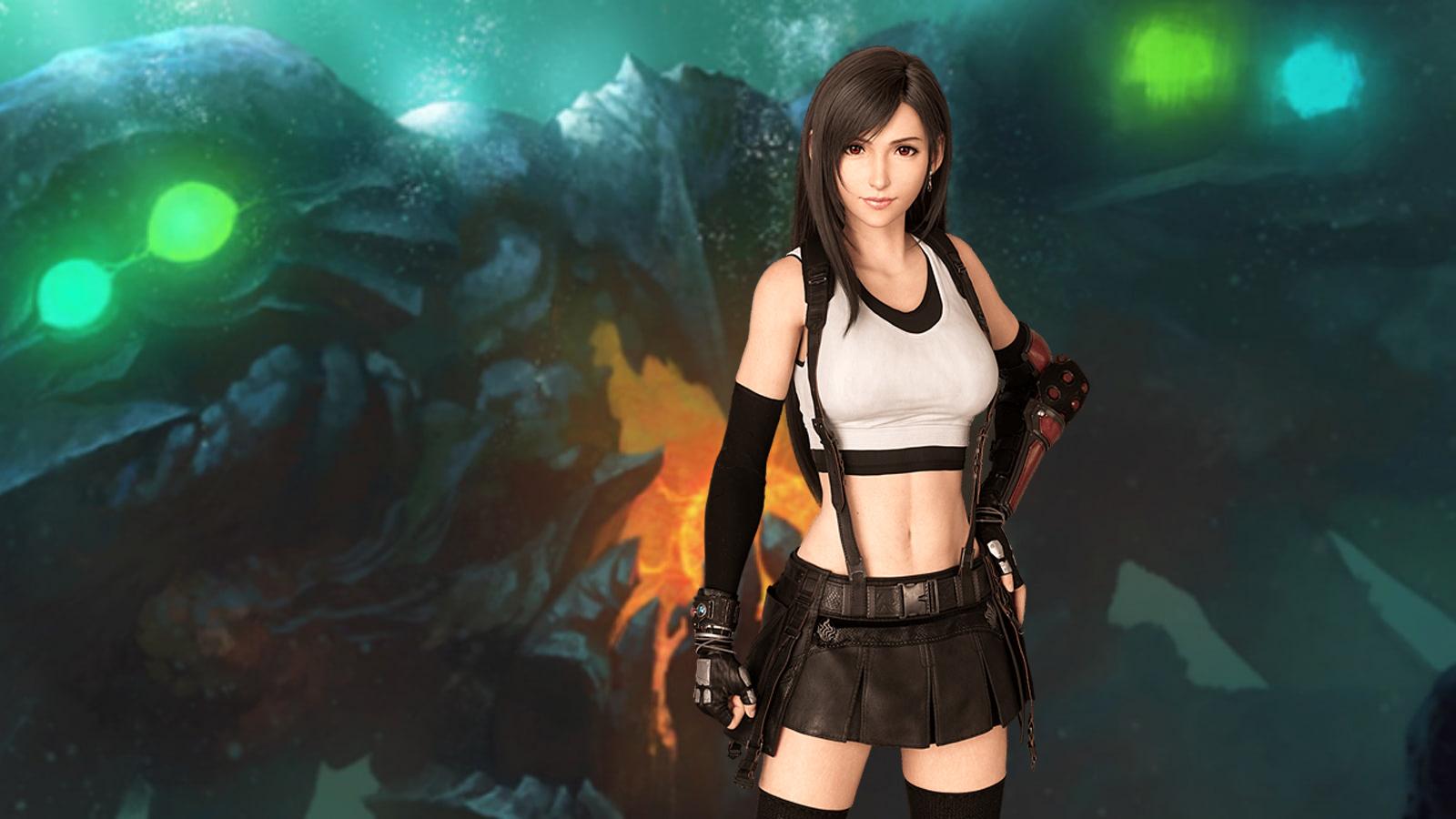 FF7 Remake Tifa in front of Emerald Weapon