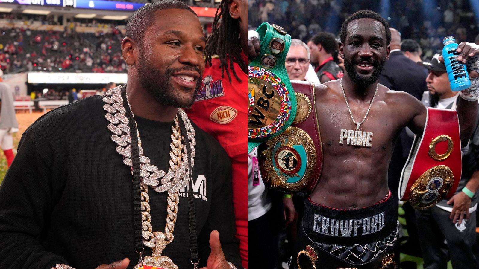 Floyd Mayweather (left) and Terence Crawford in the ring (right).