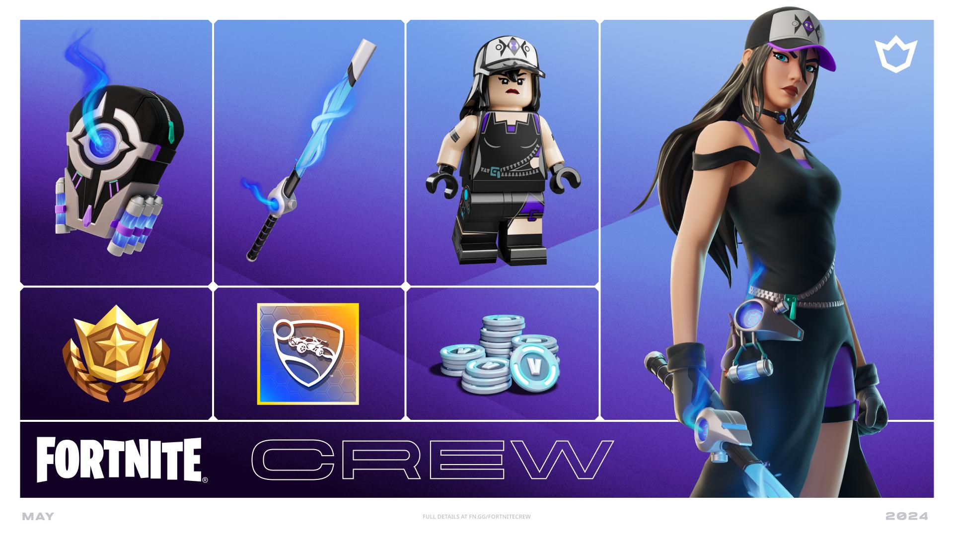 Fortnite May Crew Pack skins and cosmetics.
