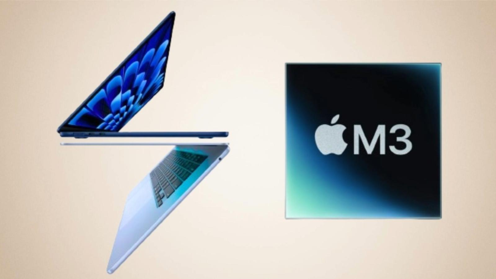 Apple M3 MacBook Air with M3 chip logo next to it