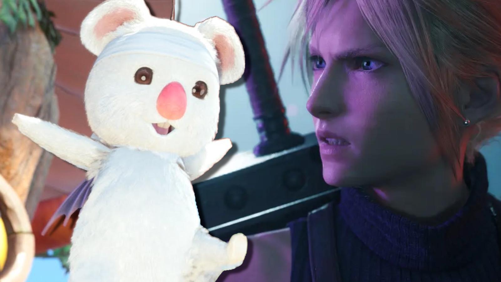 Cloud Strife staring at a Moogle