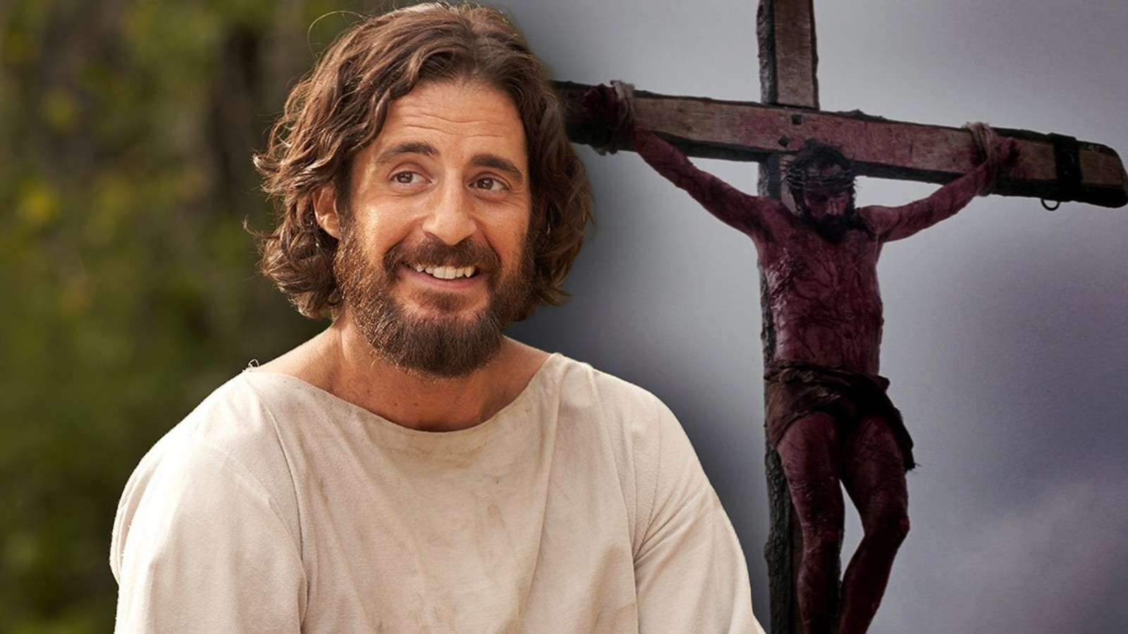 Jonathan Roumie as Jesus and the crucifixion scene from The Passion of the Christ