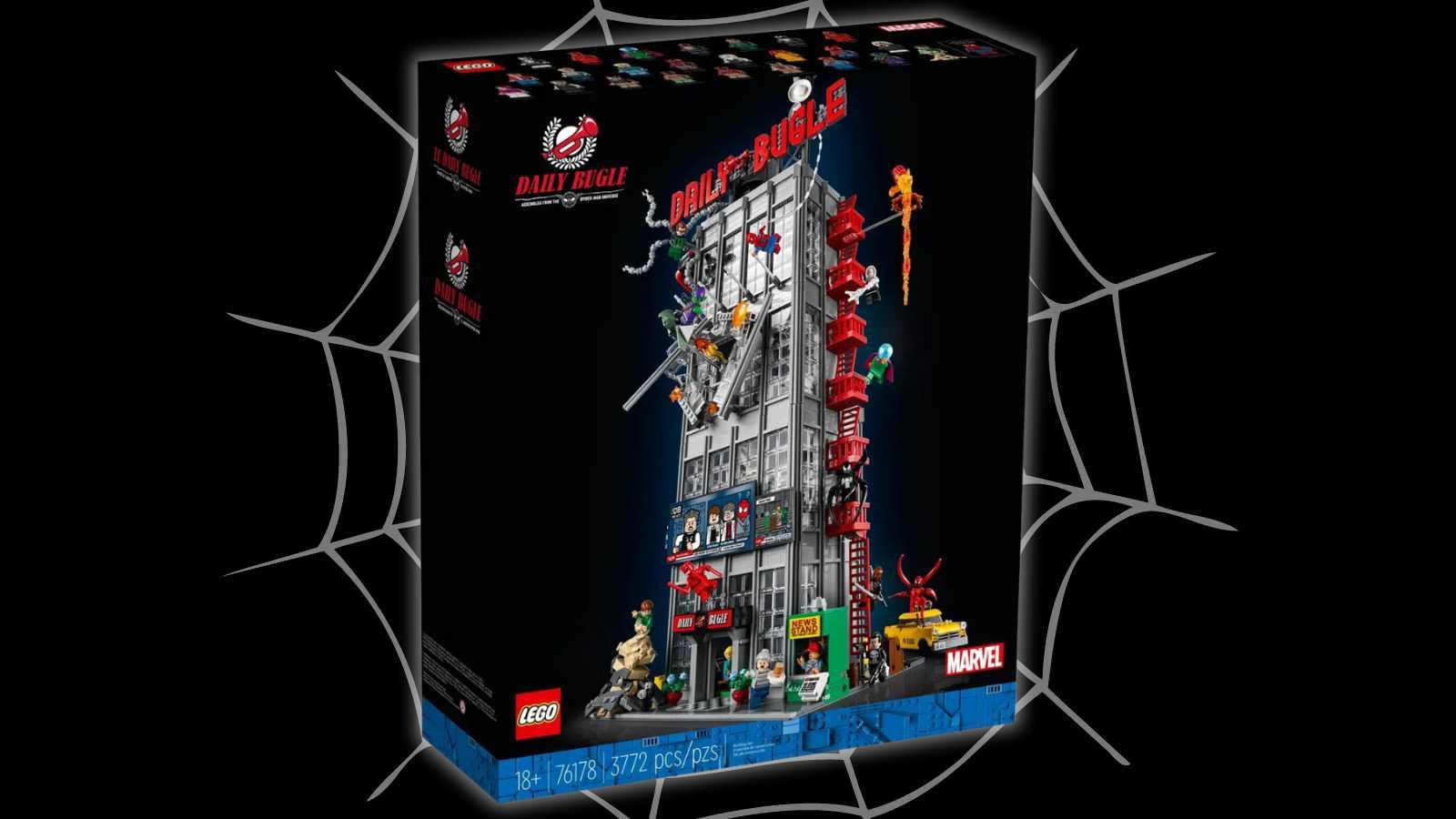 The Buy the LEGO Marvel Spider-Man Daily Bugle from Best Buy on a black background with a web graphic