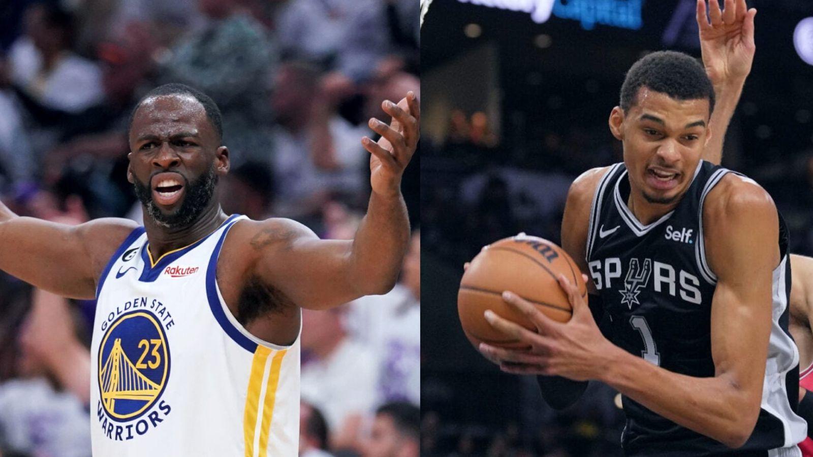 Draymond Green as a member of the Golden State Warriors (left) and Victor Wembanyama as a member of the San Antonio Spurs (right).