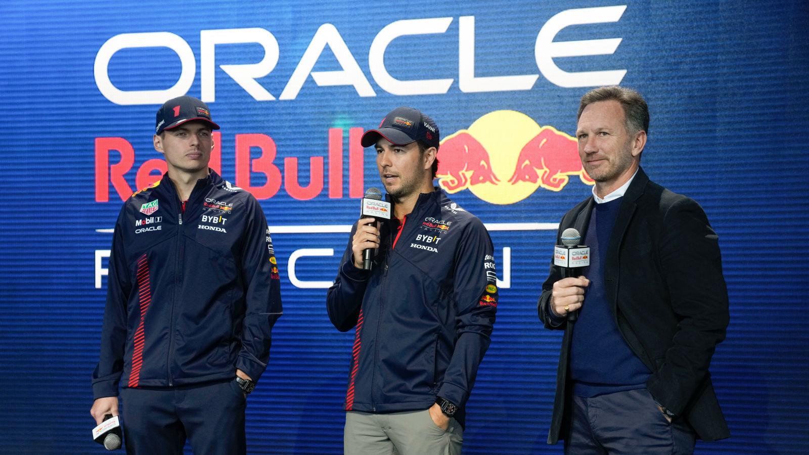 Max Verstappen, Sergio Perez and Christian Horner