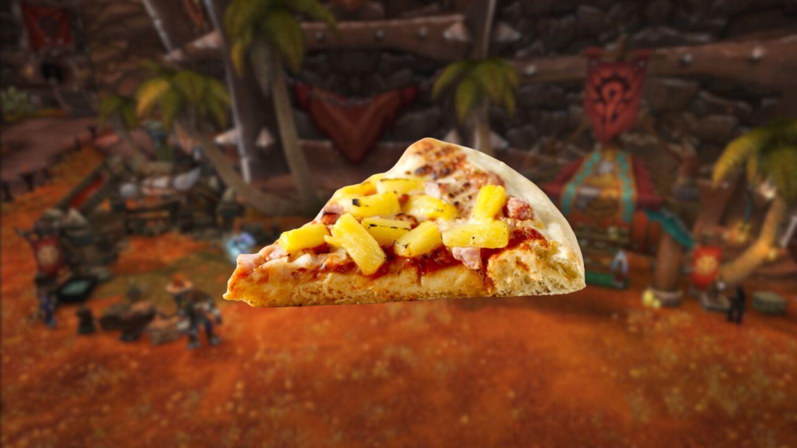 A slice of Pineapple Pizza on an Orgrimmar background in WoW