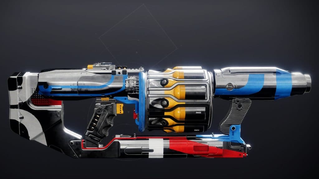 A side profile of the Hullabaloo grenade launcher in Destiny 2.