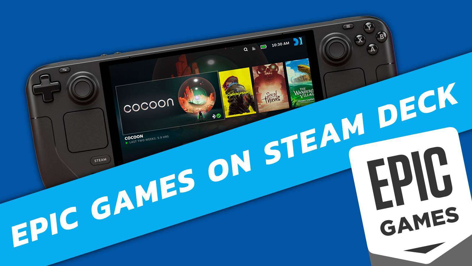 Image of the Steam Deck, on a blue background, with the Epic Games Store logo in the bottom-right corner.