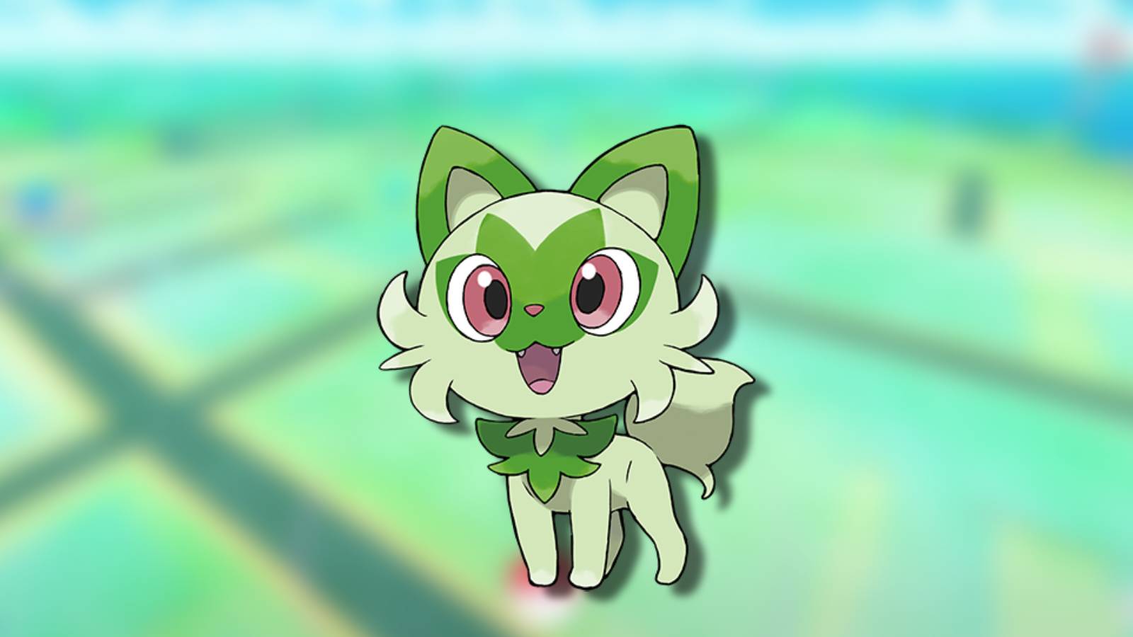 The grass cat POkemon Sprigatito appears against a blurred background of Pokemon Go gameplay