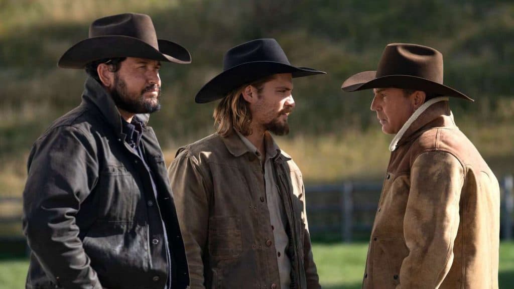 Cole Hauser, Luke Grimes, and Kevin Costner as Rip, Kayce, and John in Yellowstone