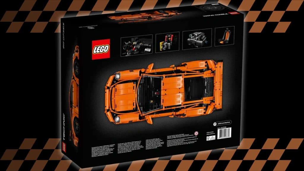 The LEGO Technic Porsche 911 GT3 RS on a black background with orange racing stripes