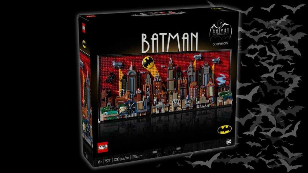 The LEGO DC Batman Gotham City on a black background with bat graphics