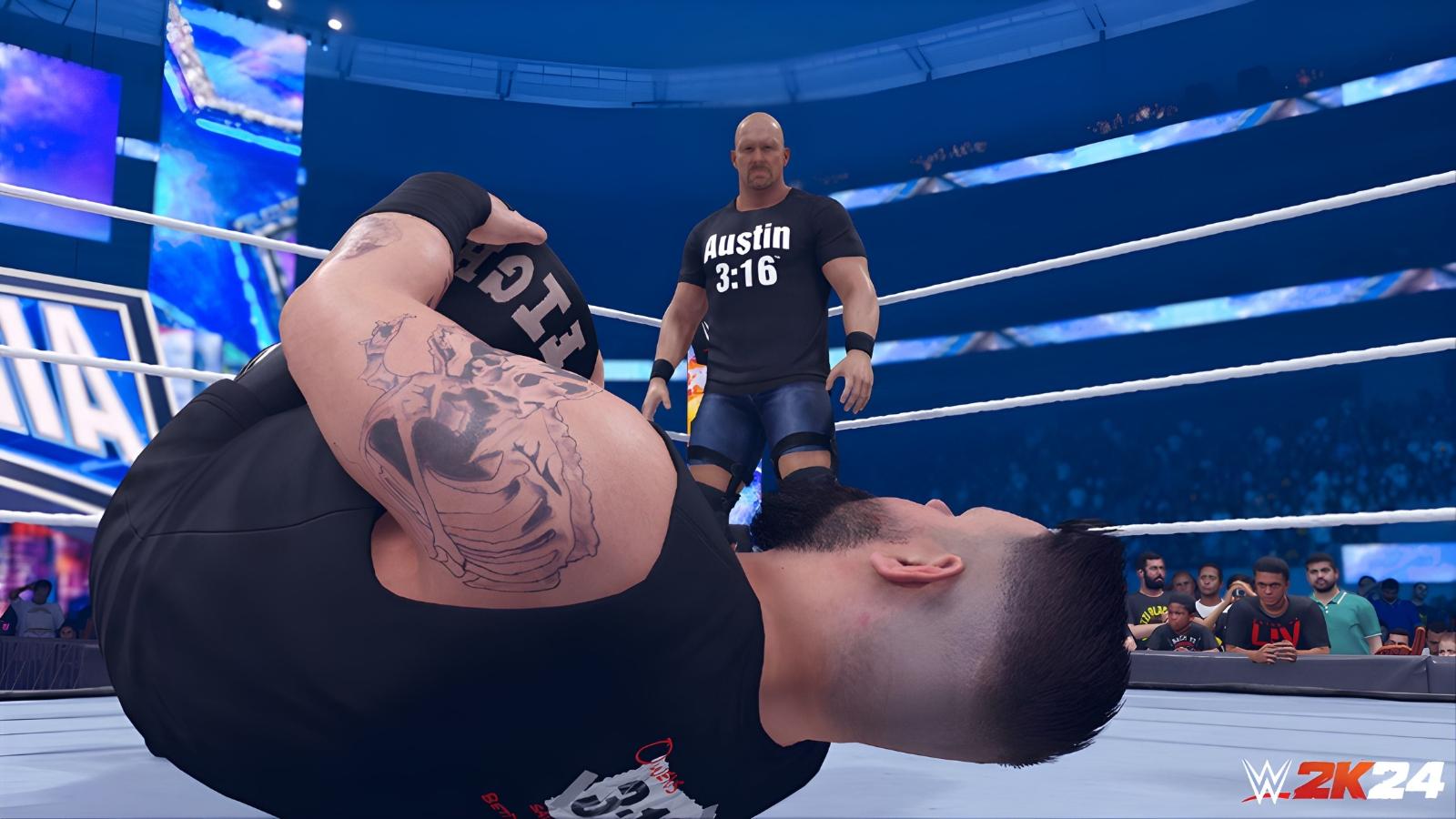 Steve Austin beating up Kevin Owens in WWE 2K24