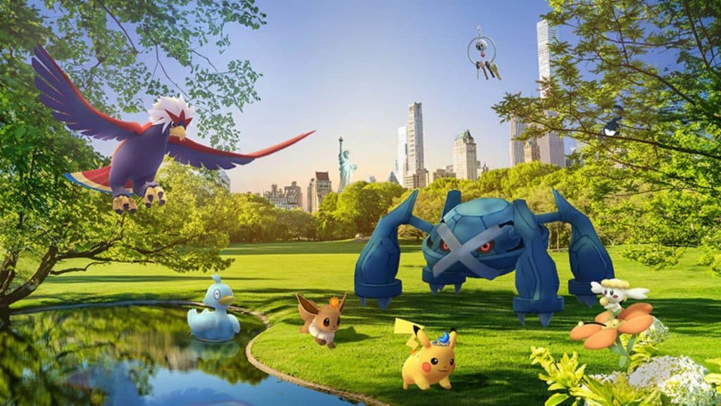 Promotional artwork for Pokemon Go Fest 2024 shows several Pokemon walking around a New York park