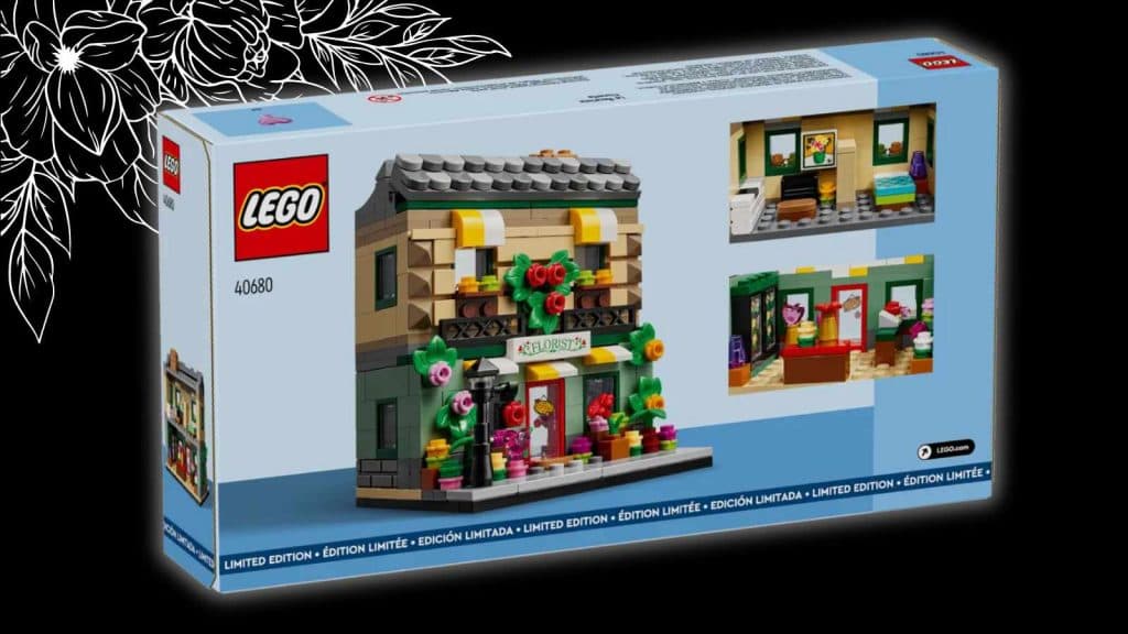 The LEGO Flower Store set on a black background with flower graphic