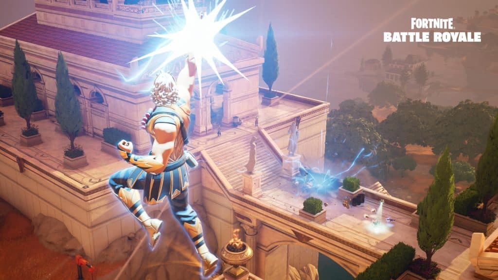 Fortnite Thunderbolt of Zeus Mythic weapon being used by a player.