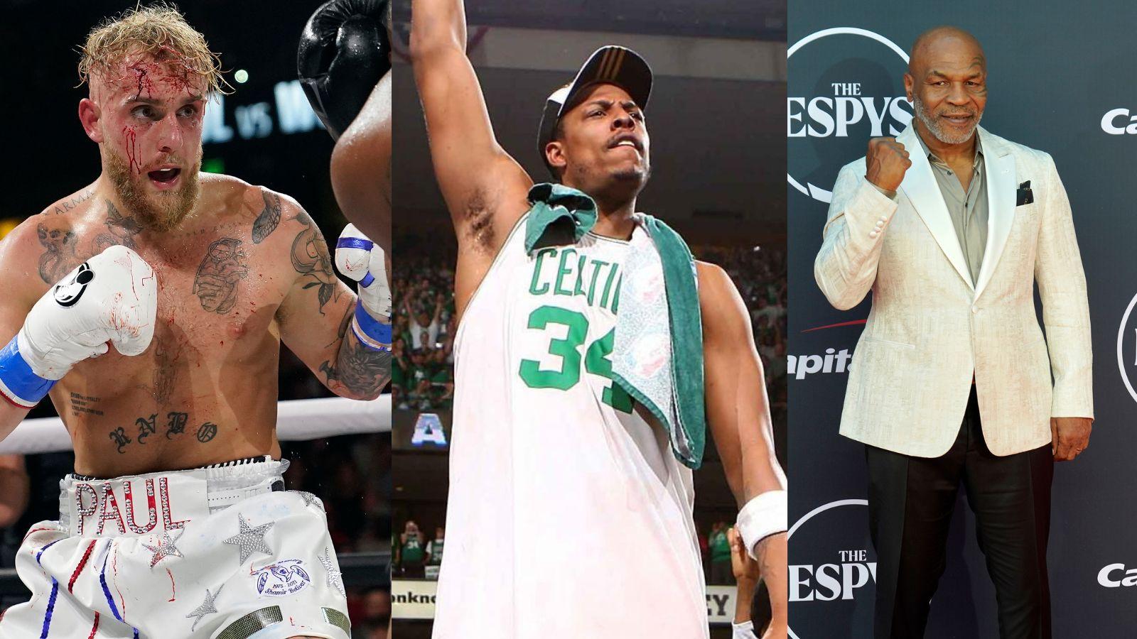 Jake Paul in the boxing ring (left) and Paul Pierce as a member of the Boston Celtics (center) and Mike Tyson at the ESPY's (right).