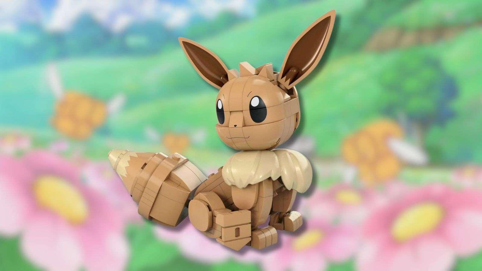 Eevee MEGA action figure with flower background from Pokemon anime.