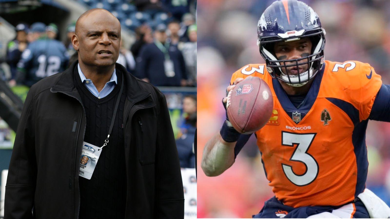 Warren Moon (left) and Russell Wilson (right) as a member of the Denver Broncos.