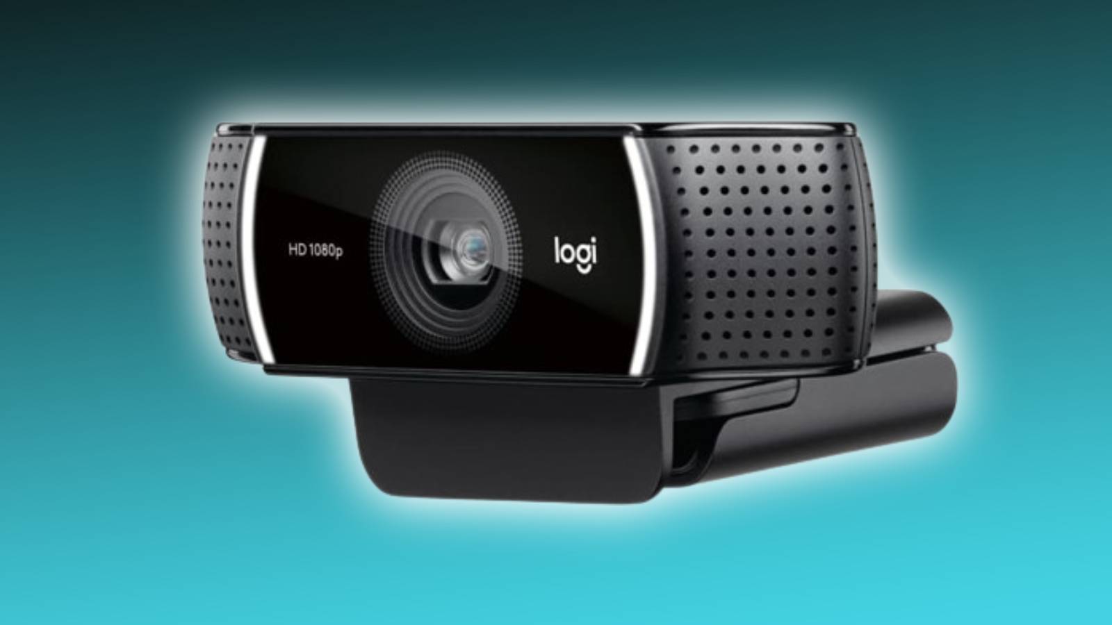 Image of the Logitech C922 Pro Stream Webcam on a black and blue background.
