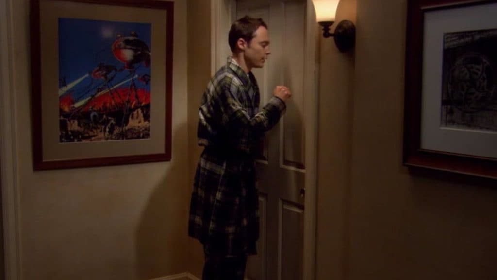 Sheldon Cooper knocking on a bedroom door in The Big Bang Theory