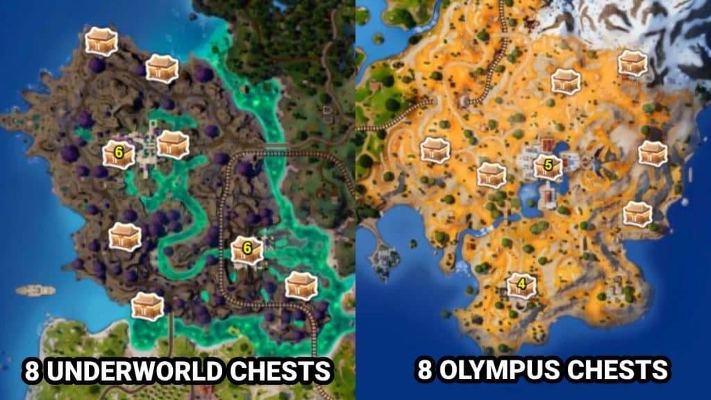 Fortnite Underworld and Olympus locations on the Chapter 5 Season 2 map.