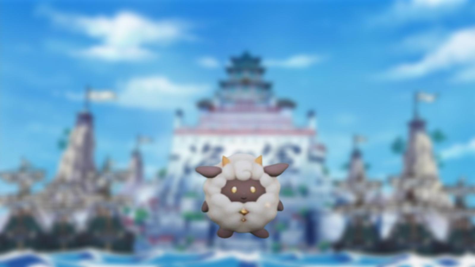 A screenshot featuring a Pal with a blurred Marineford Island background in Palworld.