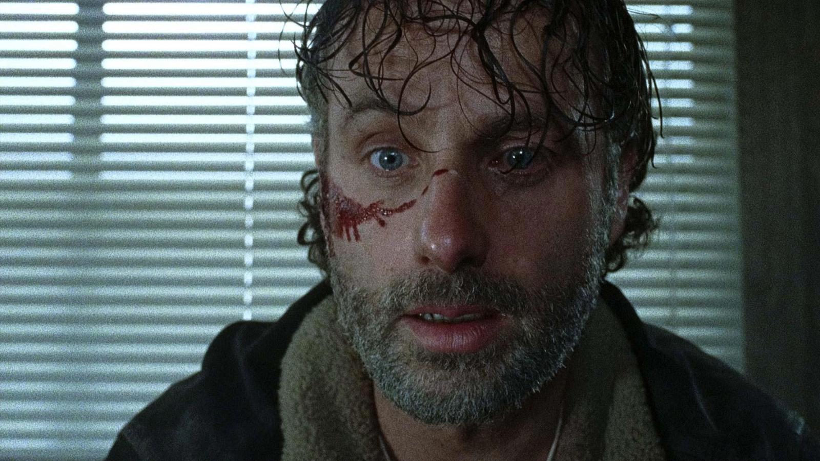 Andrew Lincoln as Rick Grimes in The Walking Dead, with blood on his face