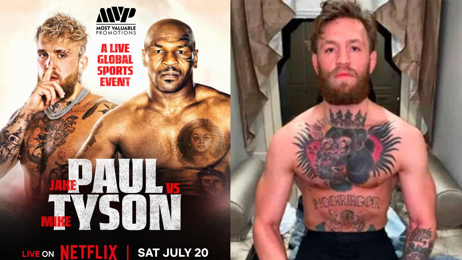 Conor McGregor shirtless next to Jake Paul vs Mike Tyson announcement