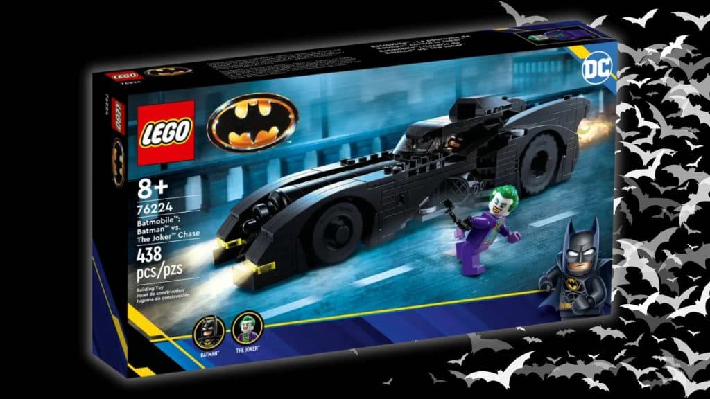 The LEGO Batmobile: Batman vs. The Joker Chase on a black background with bat graphics