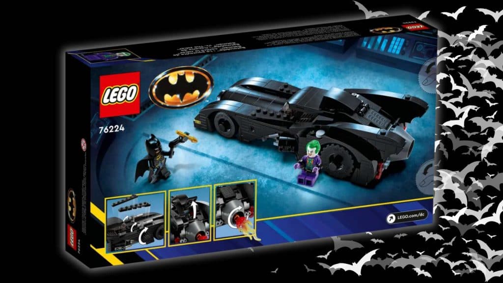 The LEGO Batmobile: Batman vs. The Joker Chase on a black background with bat graphics