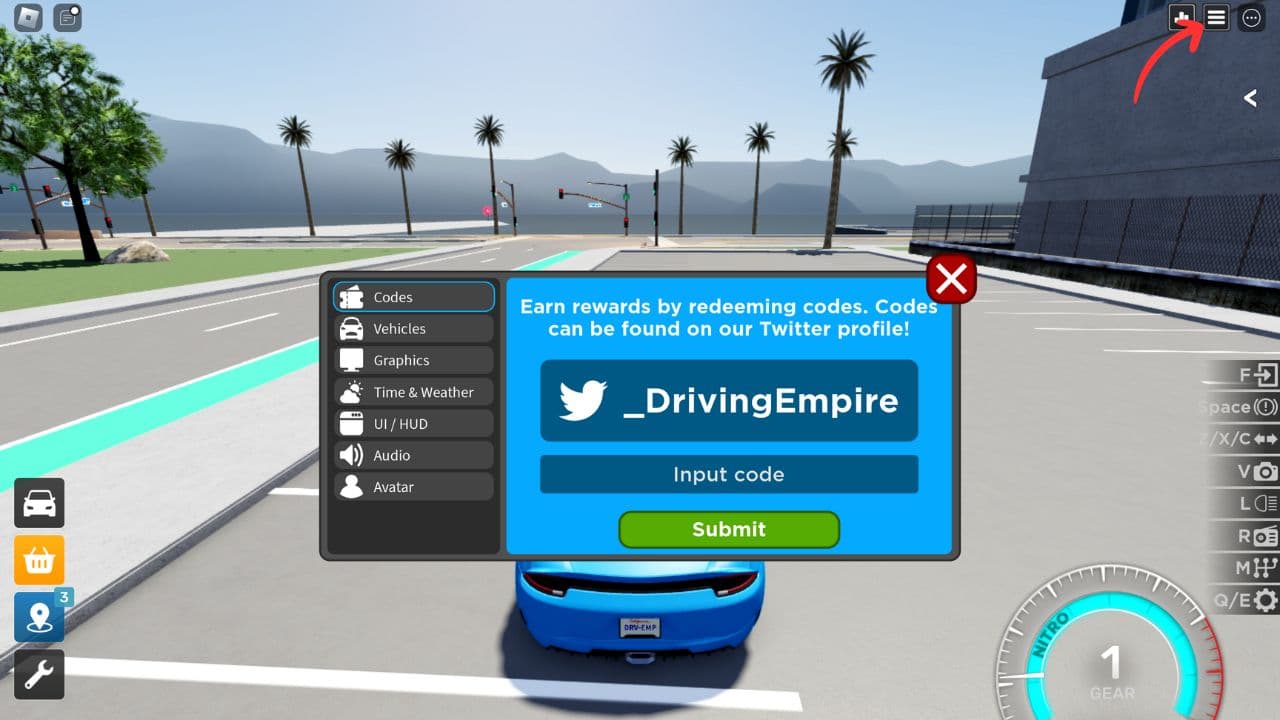 Using codes in Roblox Driving Empire