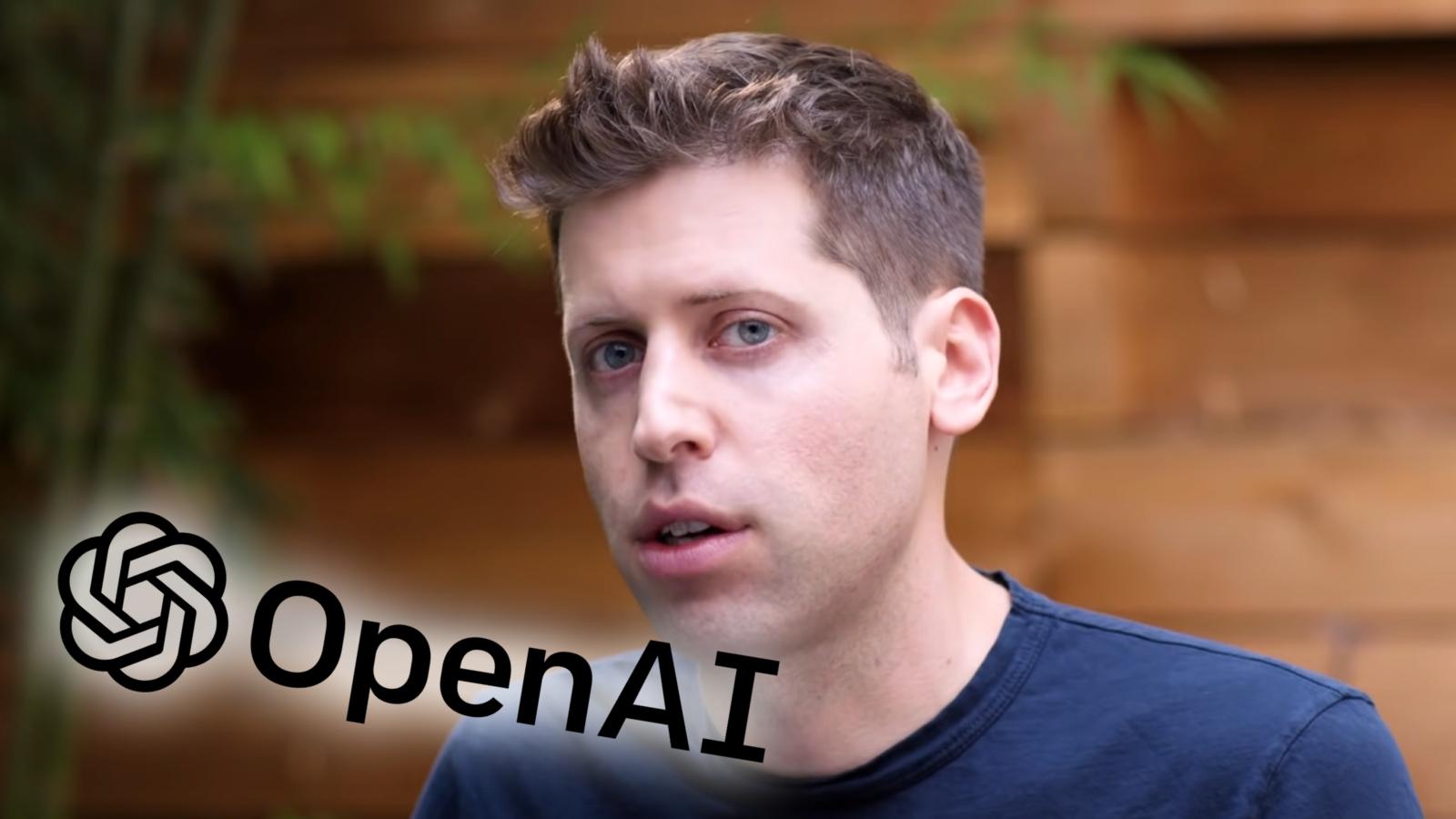 Sam Altman close up with OpenAI logo next to it