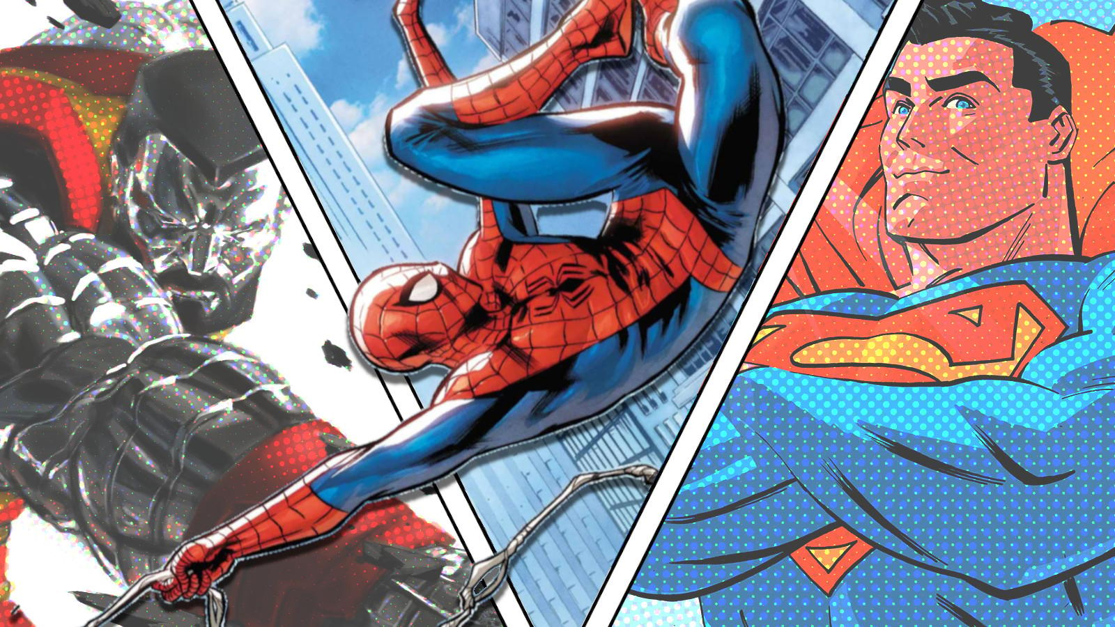 Colossus, Spider-Man, and superman key art