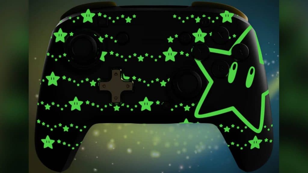Image of the glow-in-the-dark Rematch Super Mario Nintendo Switch controller.