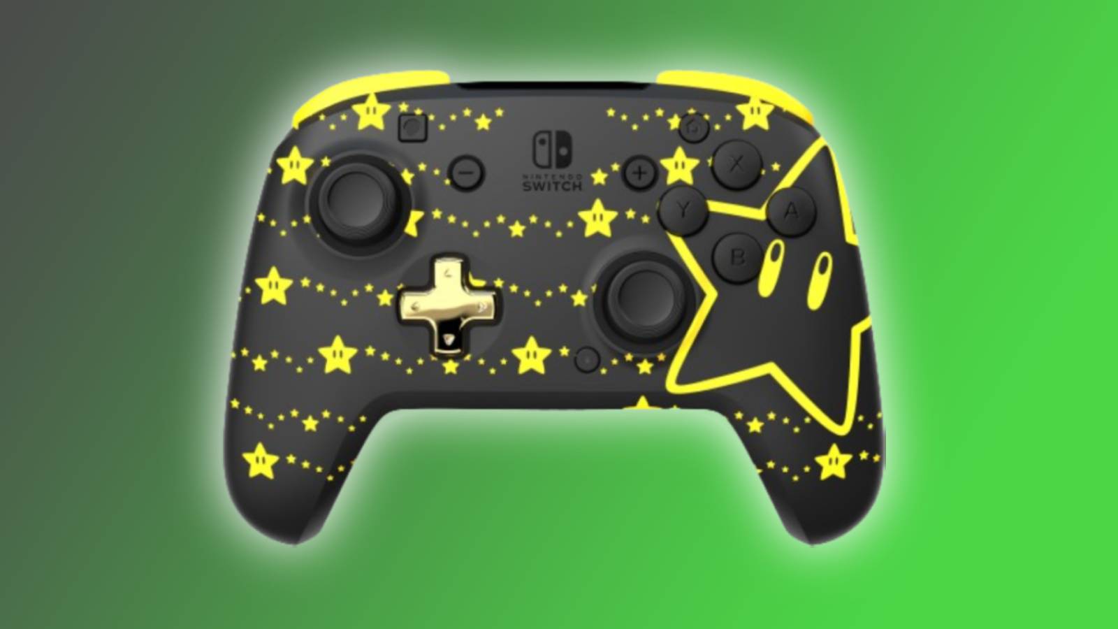 Image of the PDP Glow Nintendo Switch controller on a green and black background.