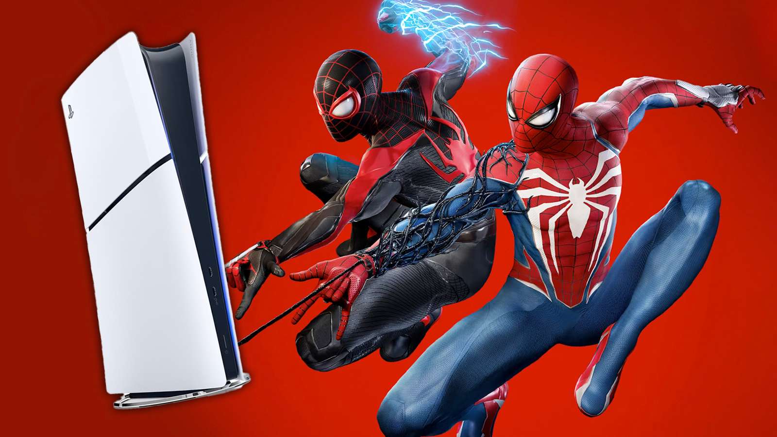 PS5 Slim Digital next to Spider-Man 2 figures