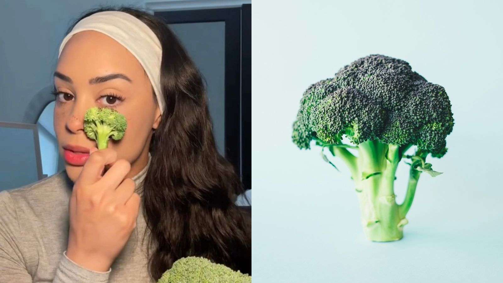 Woman using broccoli to add fake freckles on her cheeks