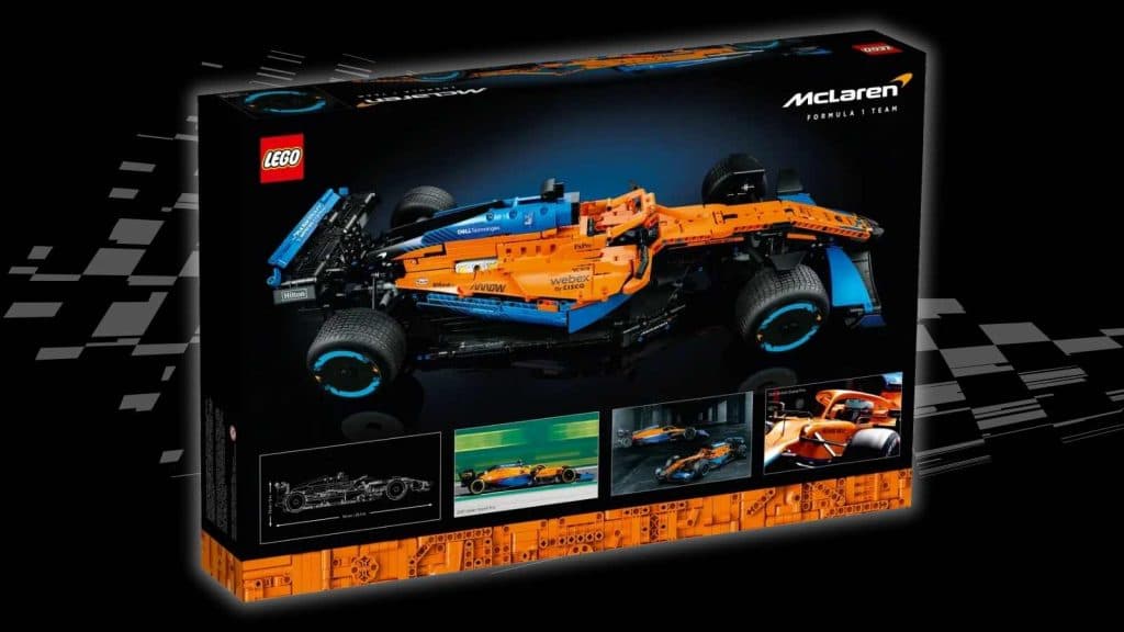 The LEGO Technic McLaren Formula 1 Race Car on a black background with racing flag graphic