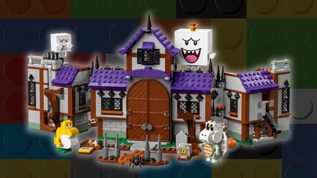 The LEGO Super Mario King Boo's Haunted Mansion on a LEGO background