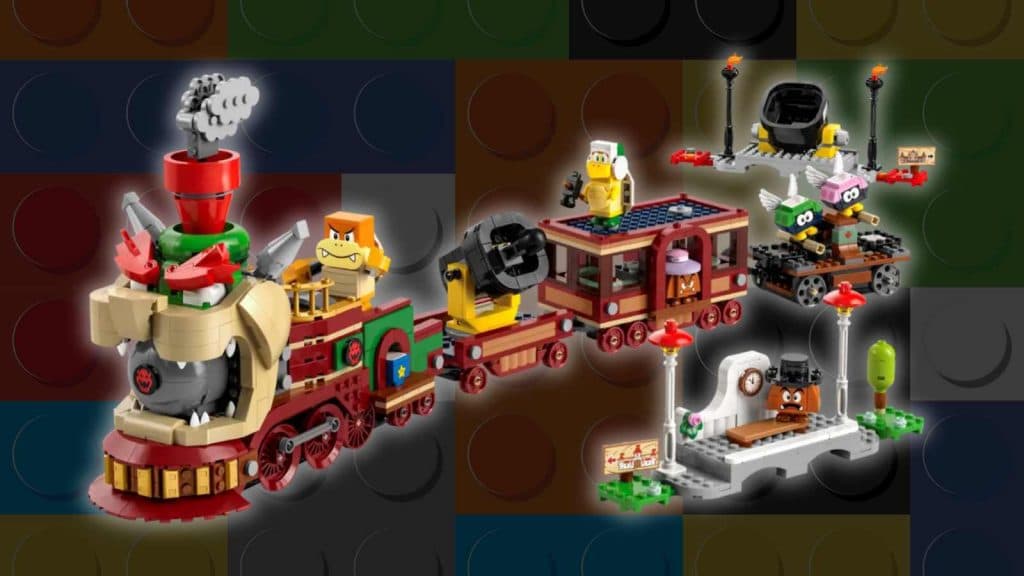 The LEGO Super Mario The Bowser Express Train on a LEGO background
