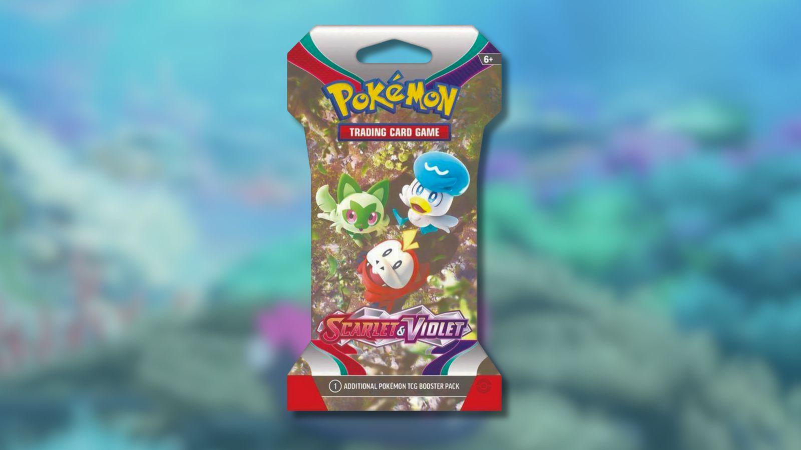 Scarlet and Violet booster pack with sea background.