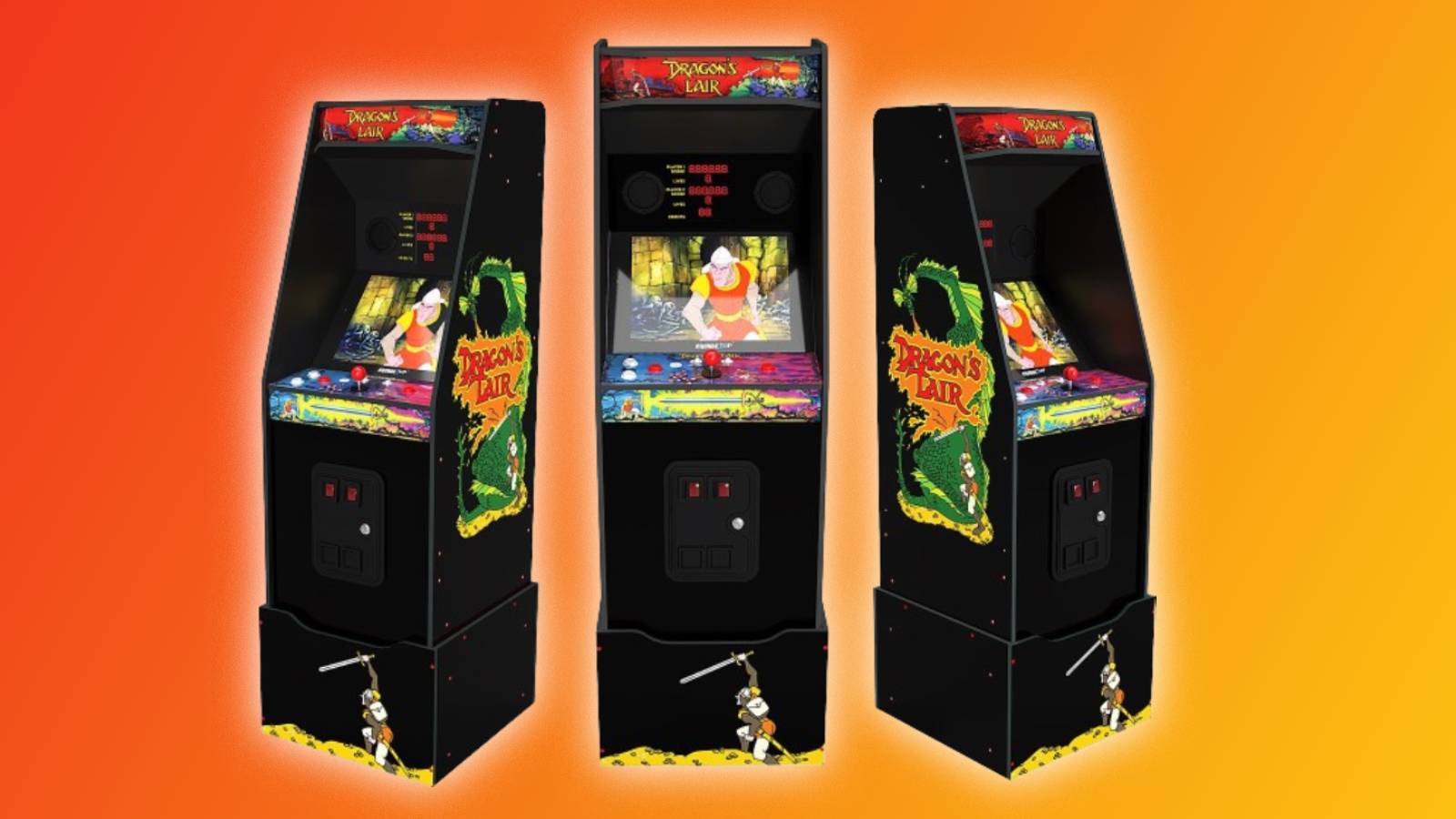 Image of the Arcade1Up Dragon's Lair cabinet from three different angles on a red and orange background.