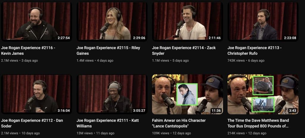 Screenshot of Joe Rogan YouTube channel since returning from Spotify.