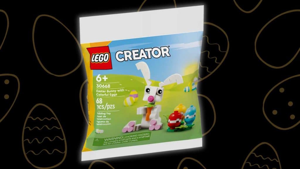 The LEGO Easter Bunny with Colorful Eggs on a black background with Easter egg graphics