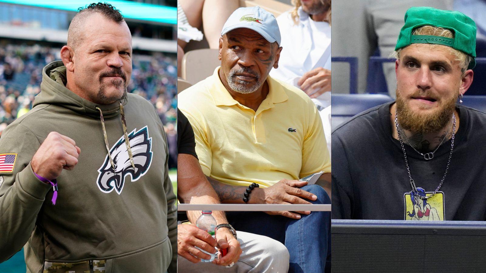 Chuck Liddell (left) and Mike Tyson (center) and Jake Paul (right) all at different sporting events in streetclothes.