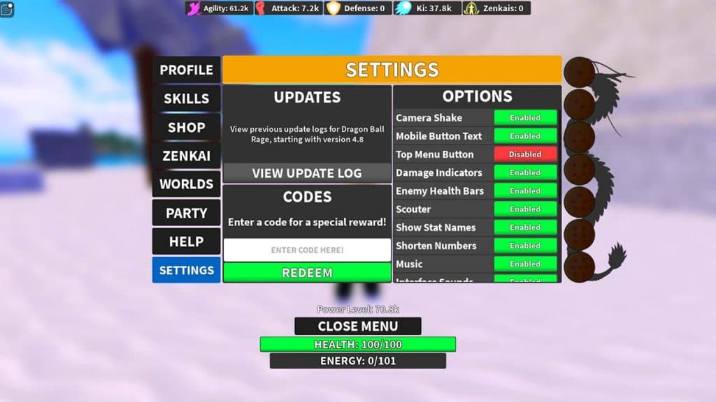 Shows how to use codes in Dragon Ball Rage