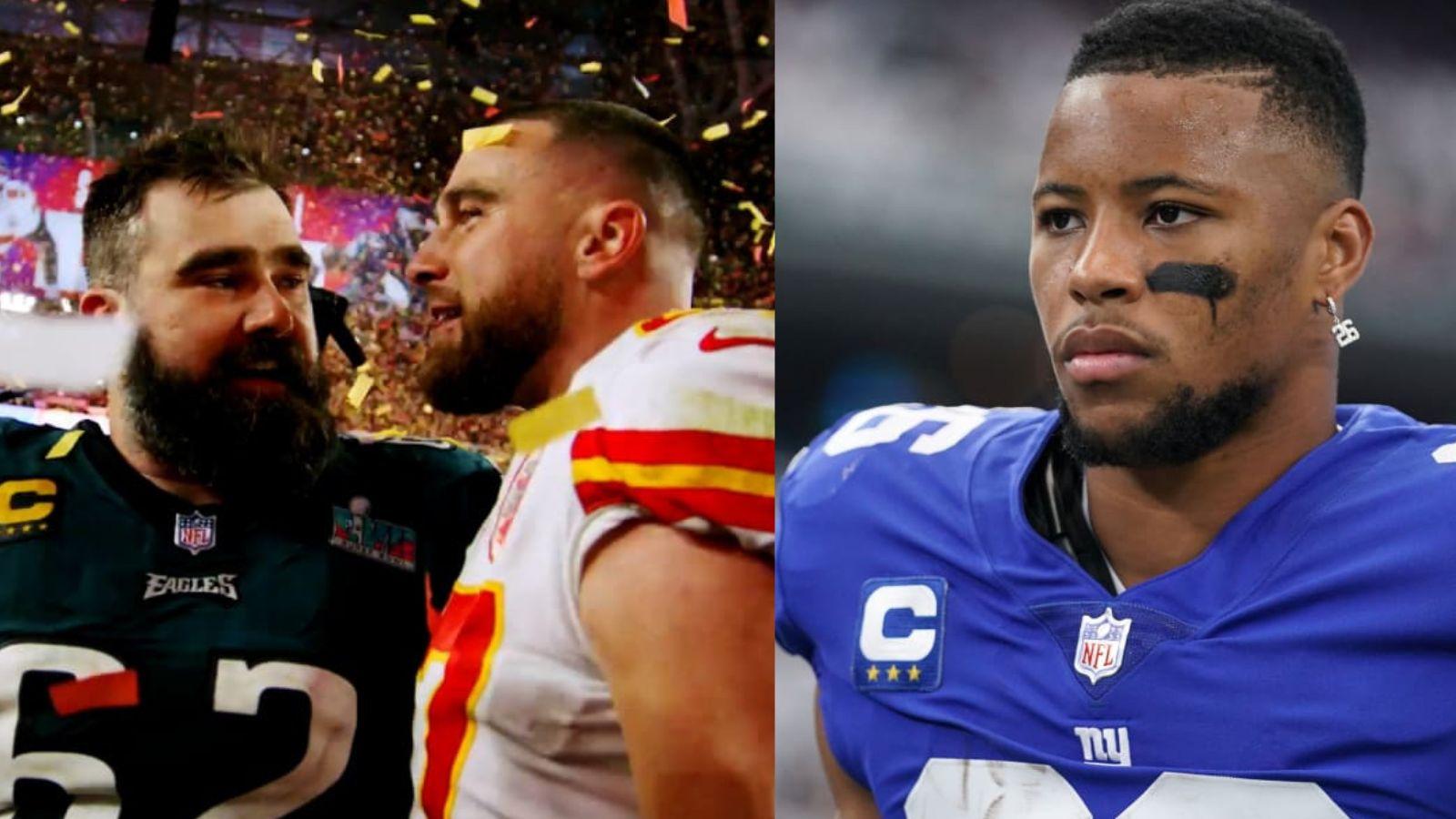 Jason Kelce and Travis Kelce after Super Bowl LVII (left) and Saquon Barkley as a member of the New York Giants (right).