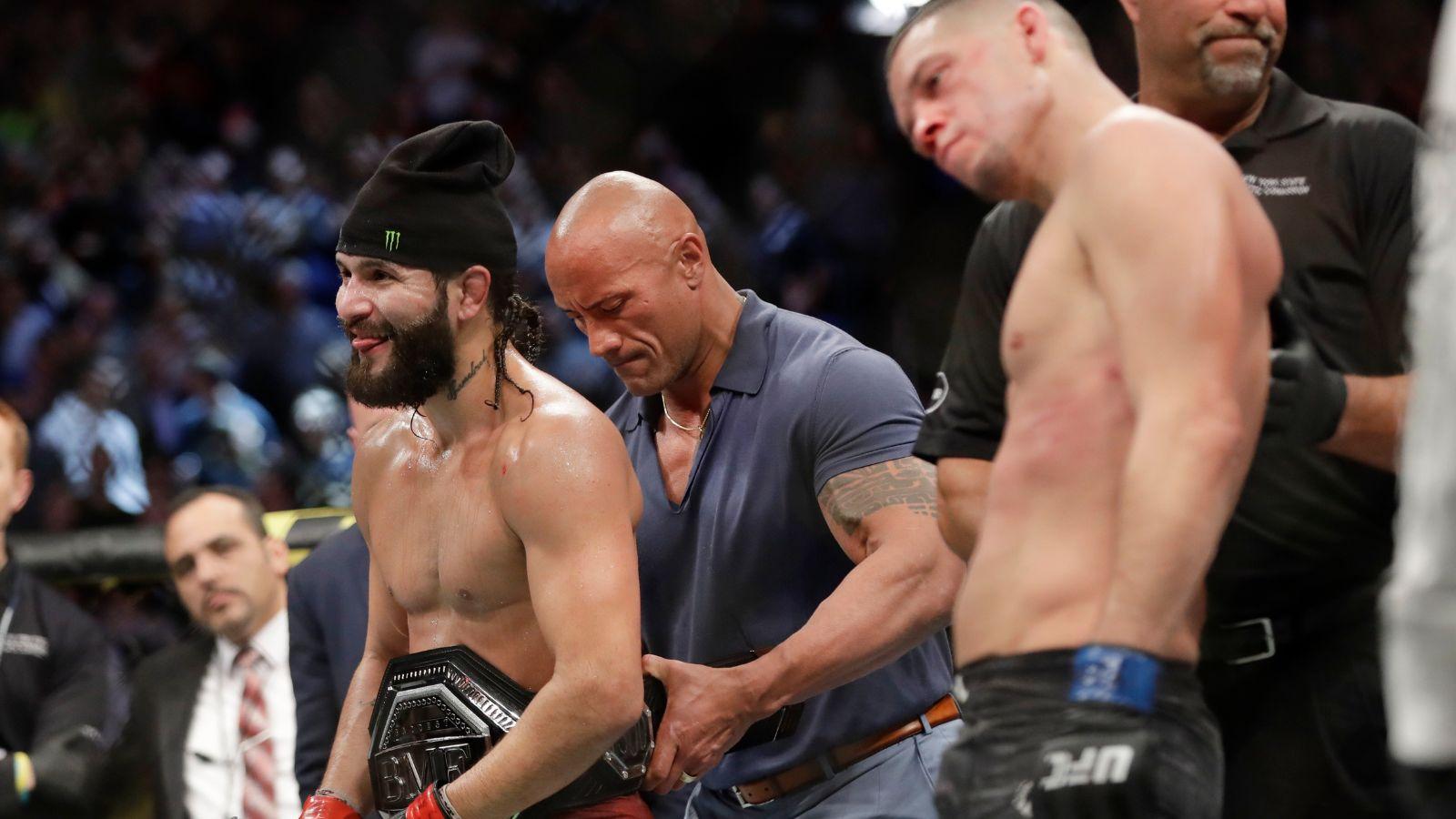 Jorge Masvidal (left) and Nate Diaz (right) in the aftermath of their UFC 244 fight.