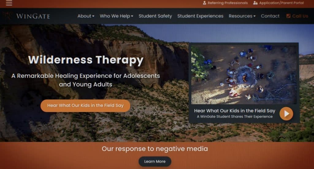 Still of Wingate Wilderness Therapy's website shown in The Program